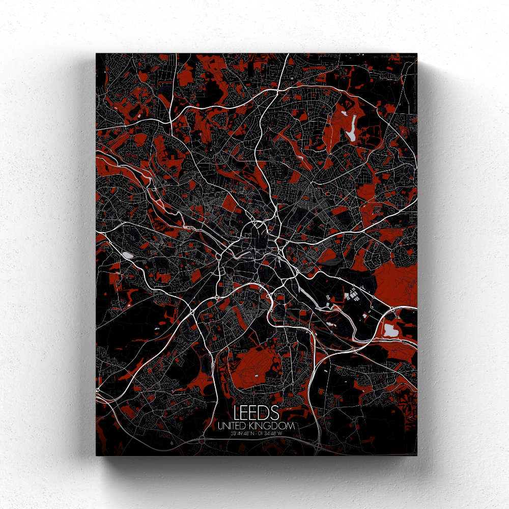 Mapospheres Leeds Red dark full page design canvas city map