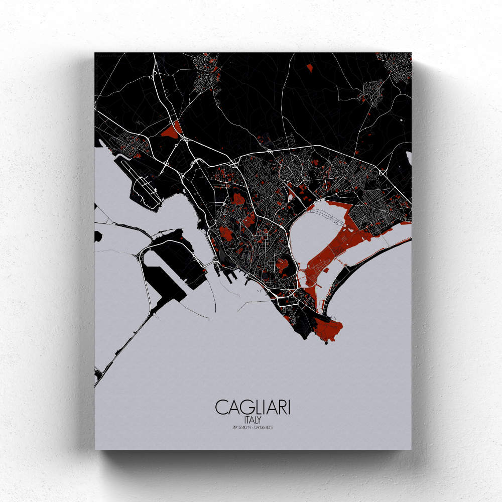 Mapospheres Cagliari Red dark full page design canvas city map