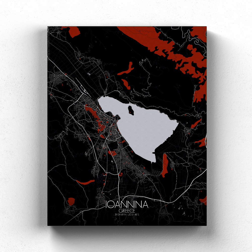 Mapospheres Ioannina Red dark full page design canvas city map