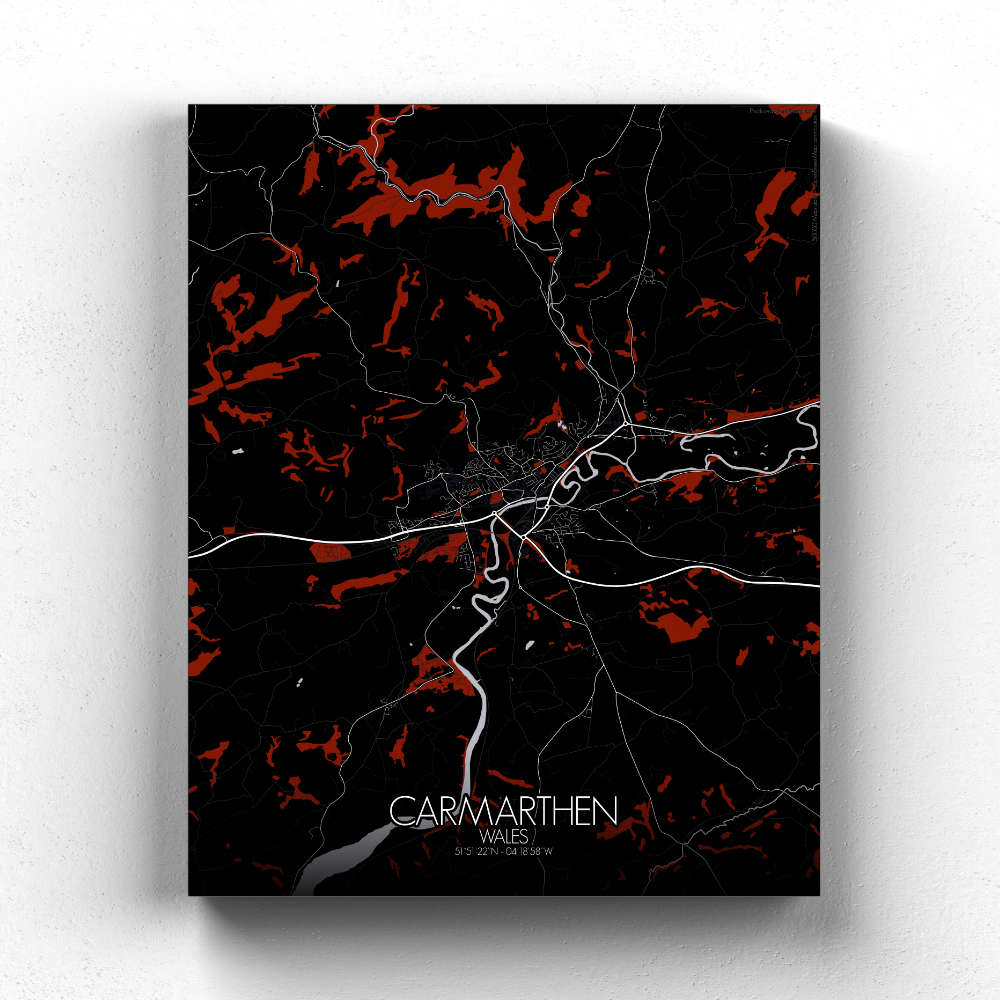 Mapospheres Carmarthen Red dark full page design canvas city map