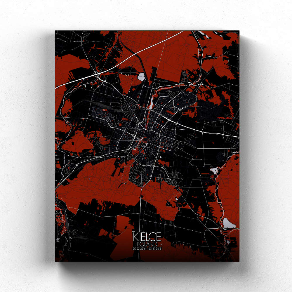 Mapospheres Kielce Red dark full page design canvas city map