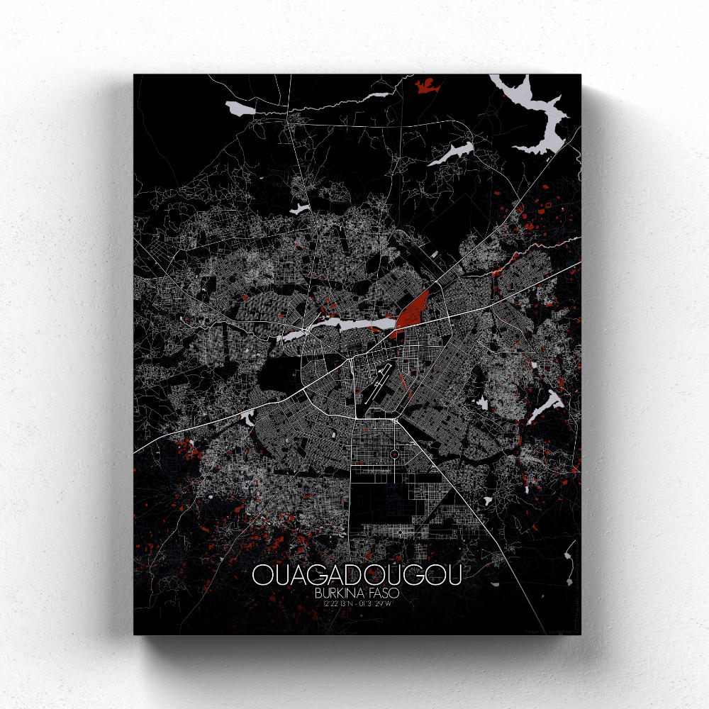 Mapospheres Ouagadougou Red dark full page design canvas city map