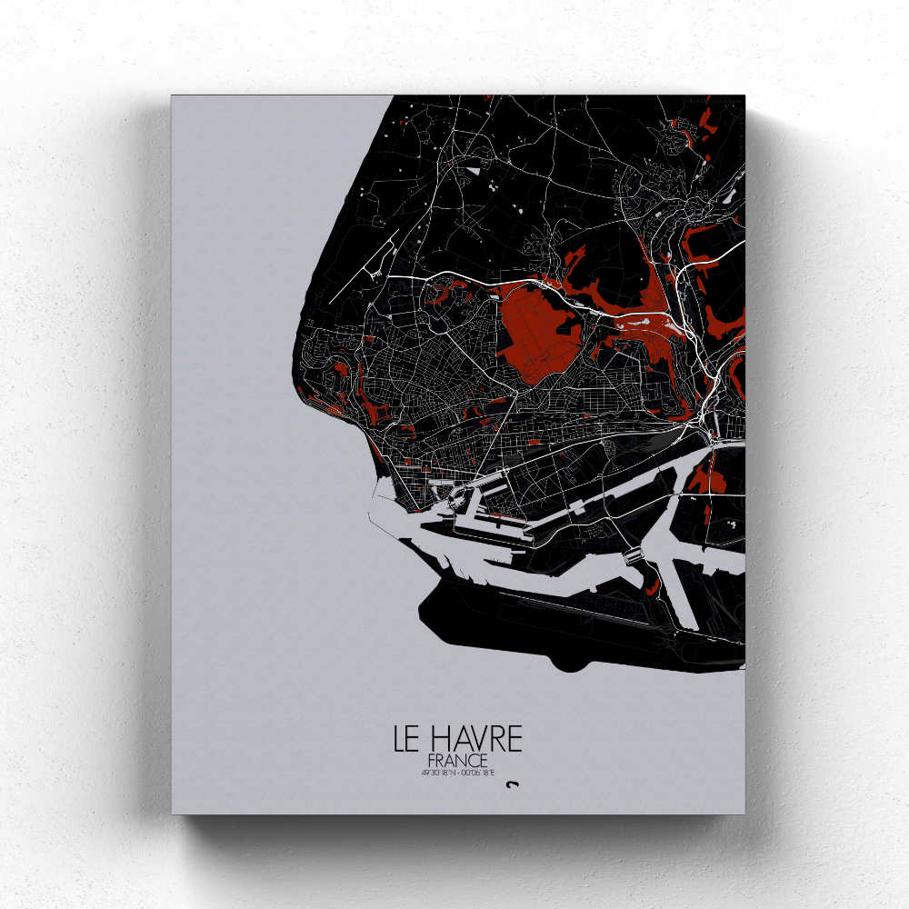 Mapospheres Le Havre Red dark full page design canvas city map