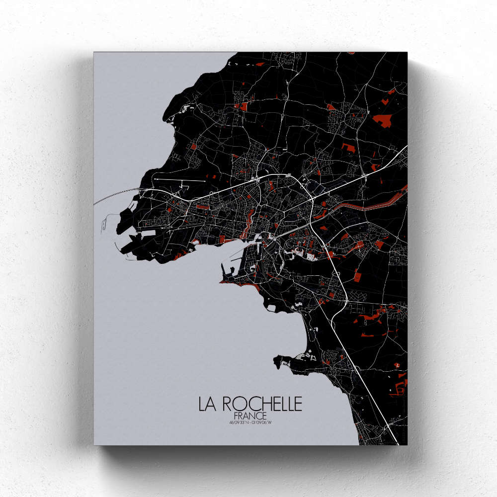 Mapospheres La Rochelle Red dark full page design canvas city map