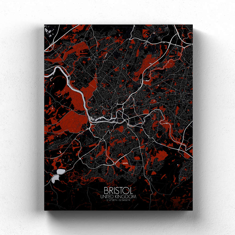 Mapospheres Bristol Red dark full page design canvas city map