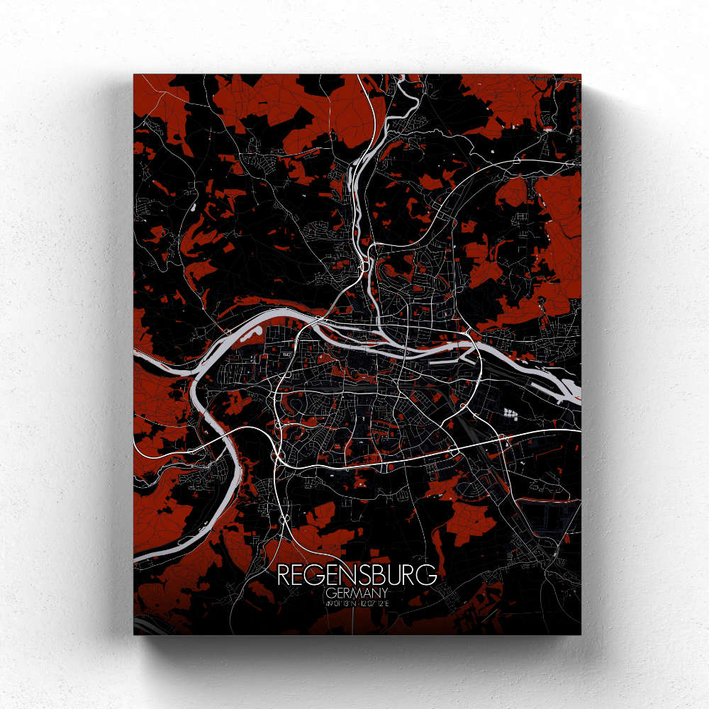 Mapospheres Regensburg Red dark full page design canvas city map