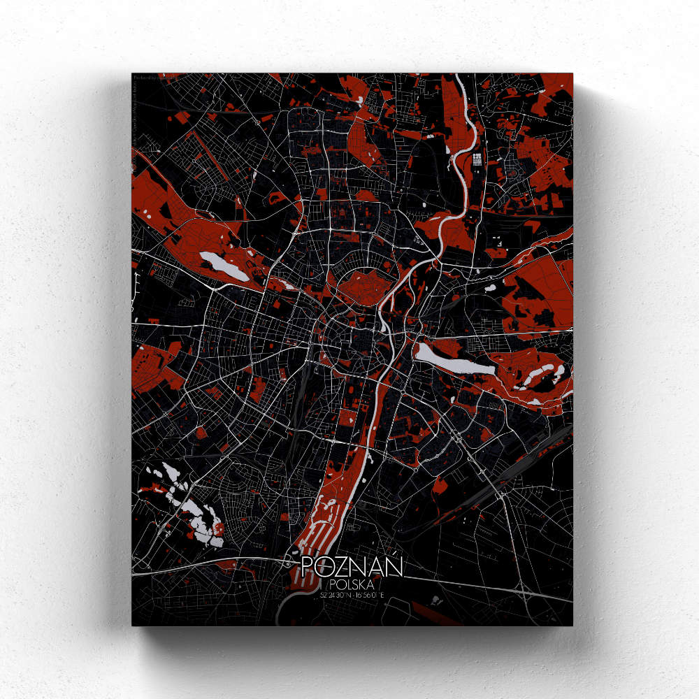 Mapospheres Poznan Red dark full page design canvas city map