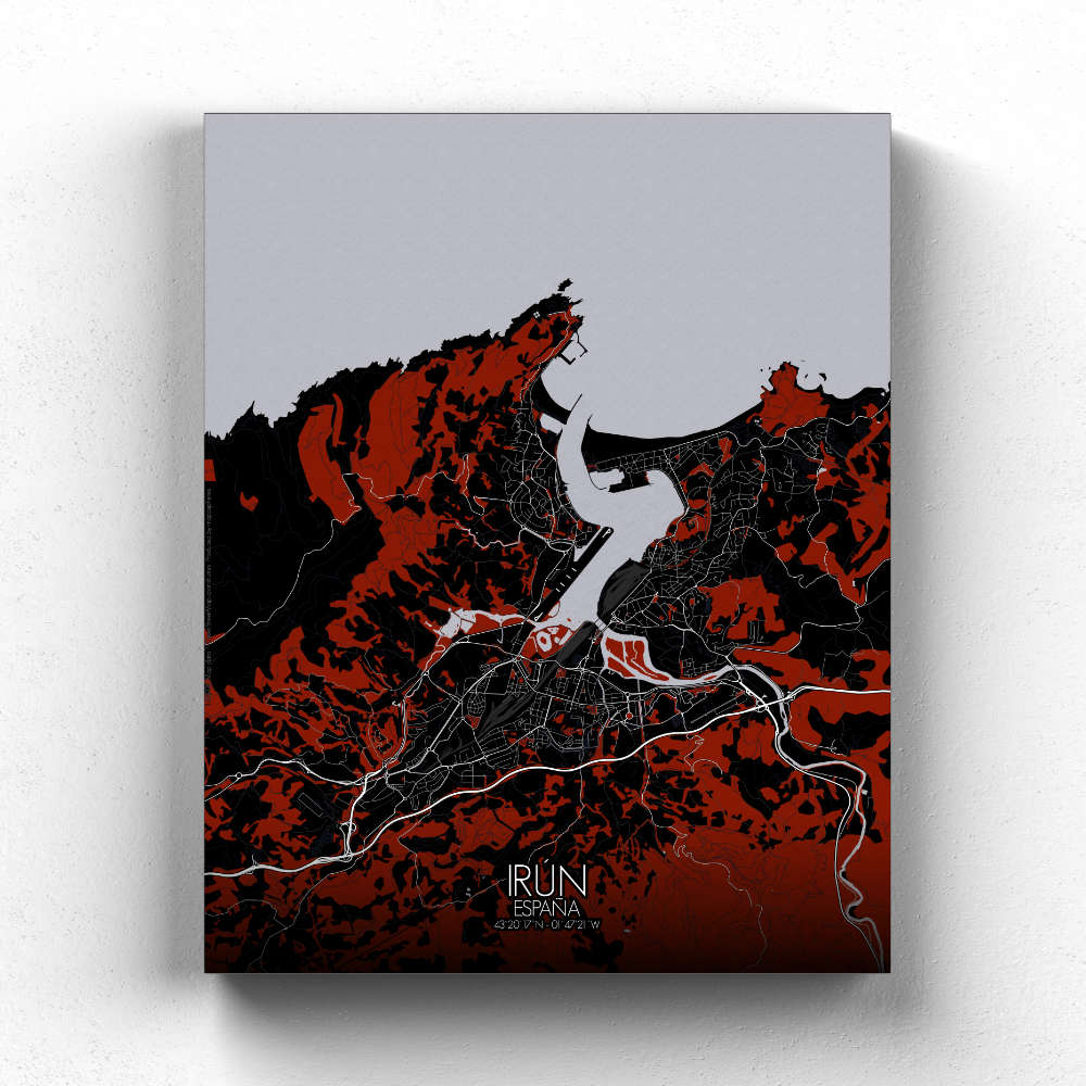 Mapospheres Irun Red dark full page design canvas city map