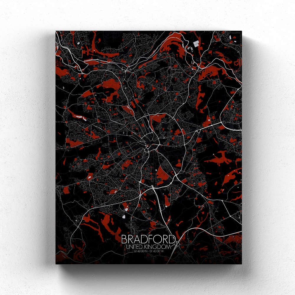 Mapospheres Bradford Red dark full page design canvas city map