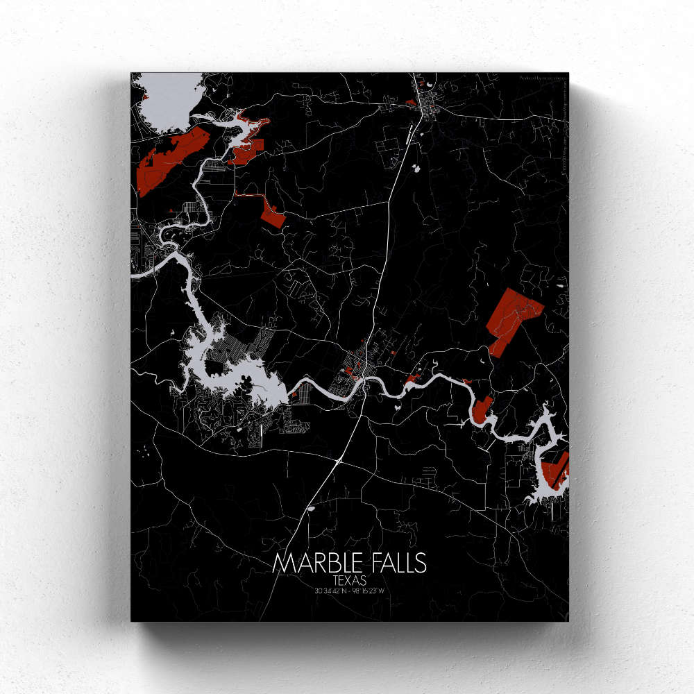 Mapospheres Marble Falls Red dark full page design canvas city map