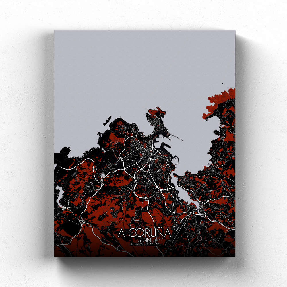 Mapospheres La Coruna Red dark full page design canvas city map
