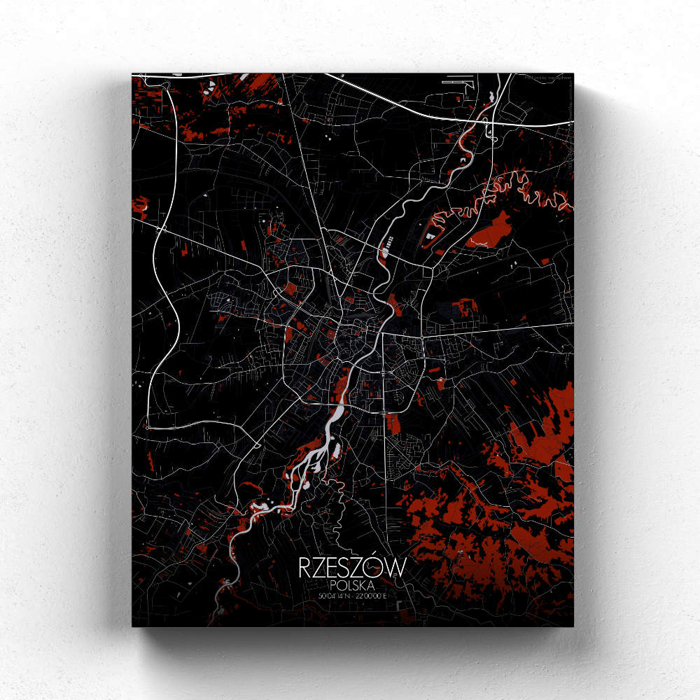 Mapospheres Rzeszow Red dark full page design canvas city map
