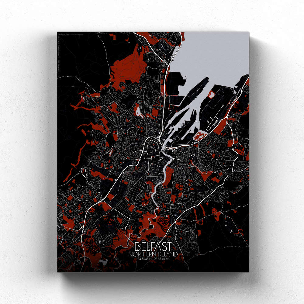 Mapospheres Belfast Red dark full page design canvas city map