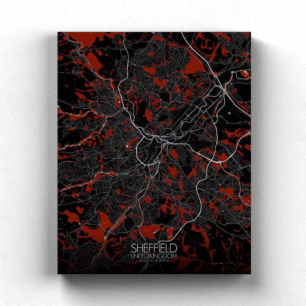 Mapospheres Sheffield Red dark full page design canvas city map