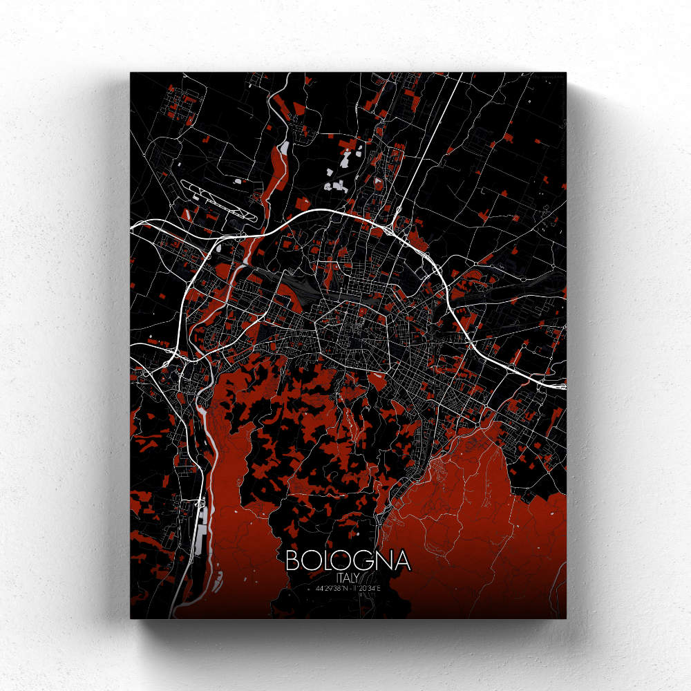 Mapospheres Bologna Red dark full page design canvas city map