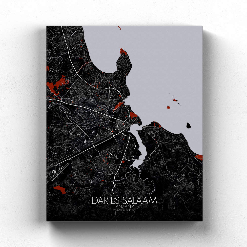 Mapospheres Dar es Salaam Red dark full page design canvas city map