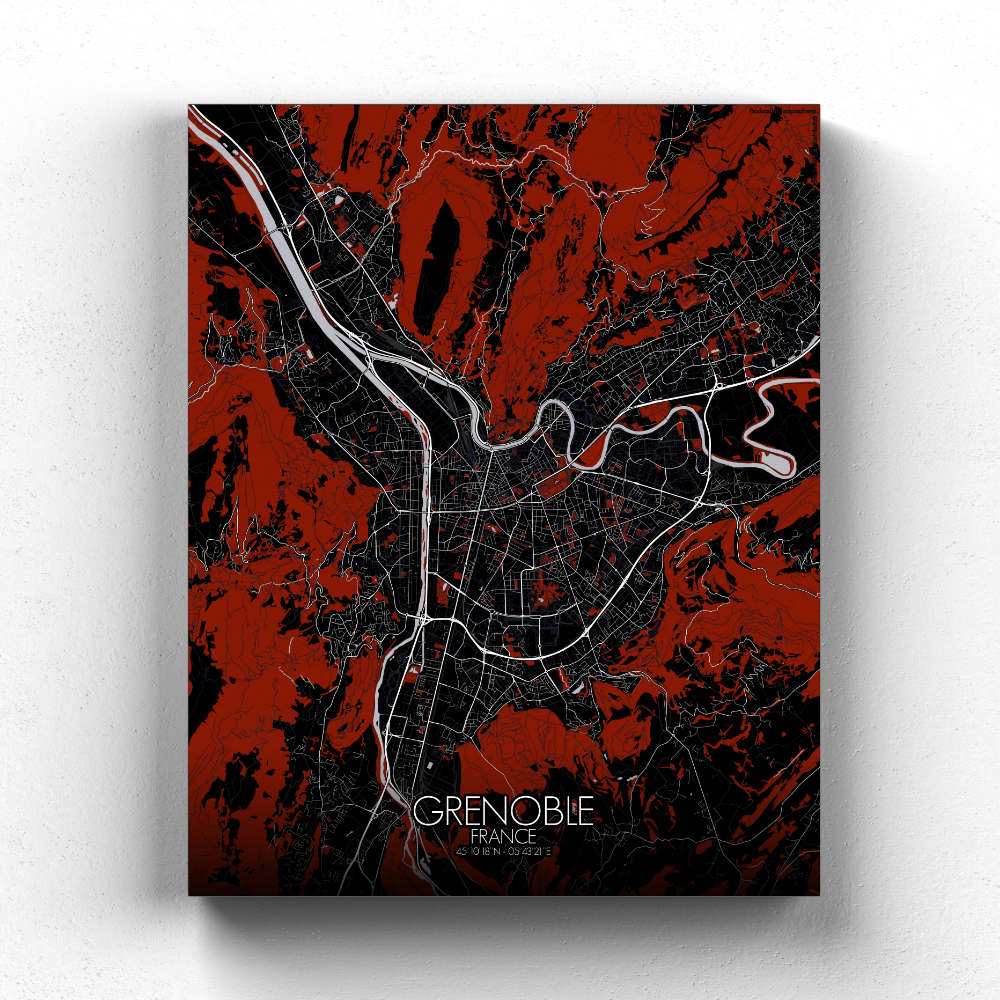 Mapospheres Grenoble Red dark full page design canvas city map