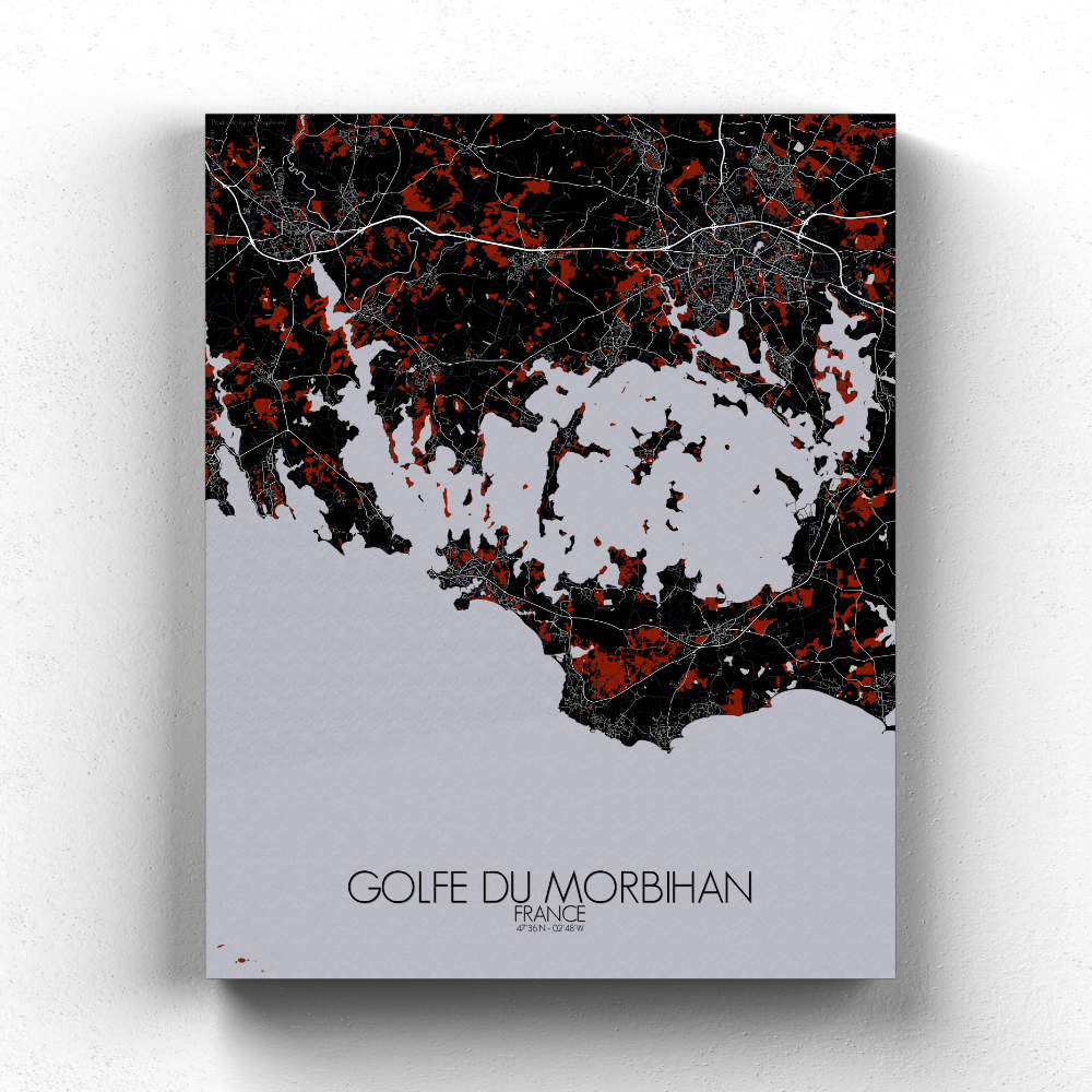 Mapospheres the Gulf of Morbihan Red dark full page design canvas city map
