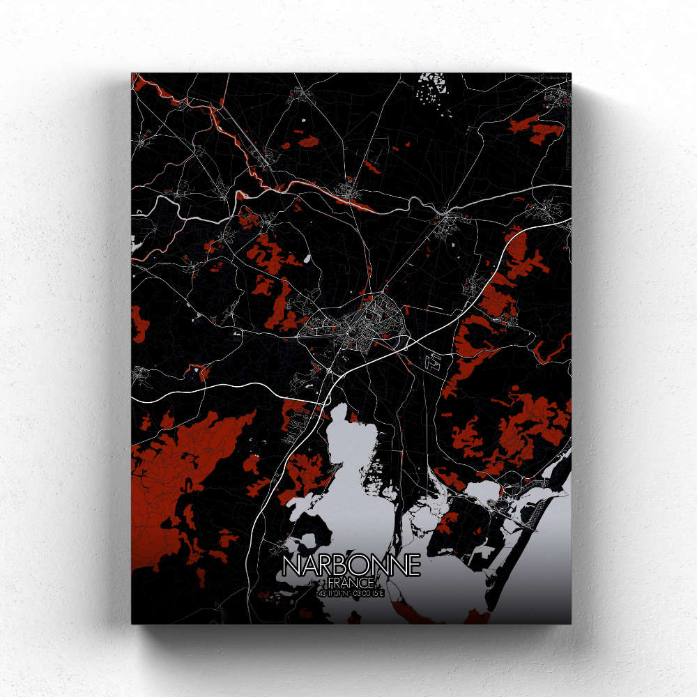 Mapospheres Narbonne Red dark full page design canvas city map