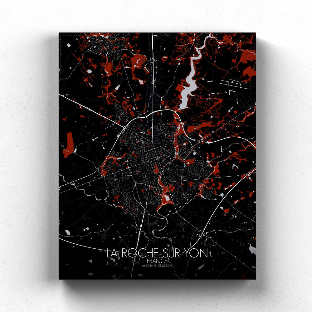 Mapospheres La Roche sur Yon Red dark full page design canvas city map