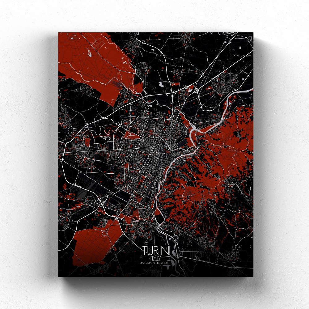 Mapospheres Turin Red dark full page design canvas city map