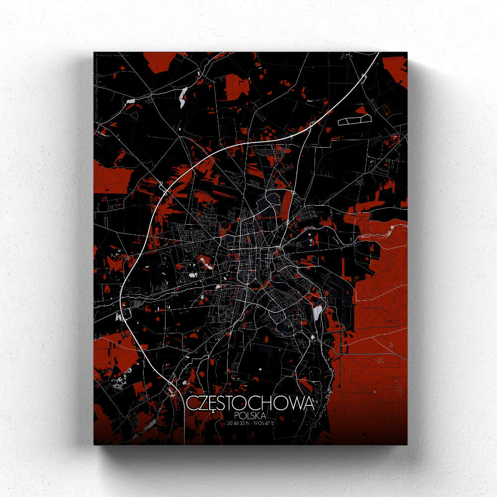 Mapospheres Czestochowa Red dark full page design canvas city map