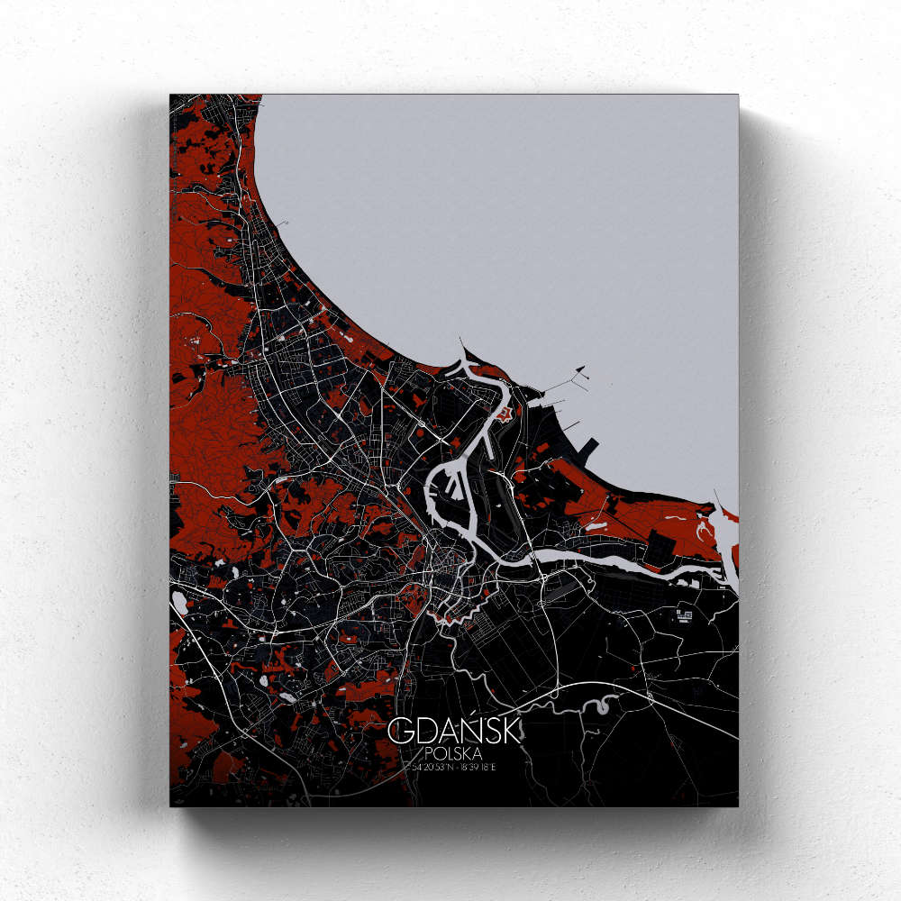 Mapospheres Gdansk Red dark full page design canvas city map
