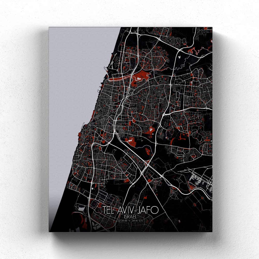 Mapospheres Tel Aviv Yafo Red dark full page design canvas city map