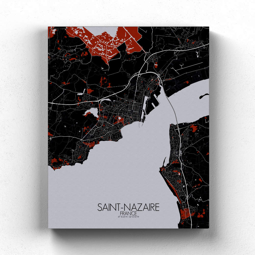Mapospheres Saint Nazaire Red dark full page design canvas city map