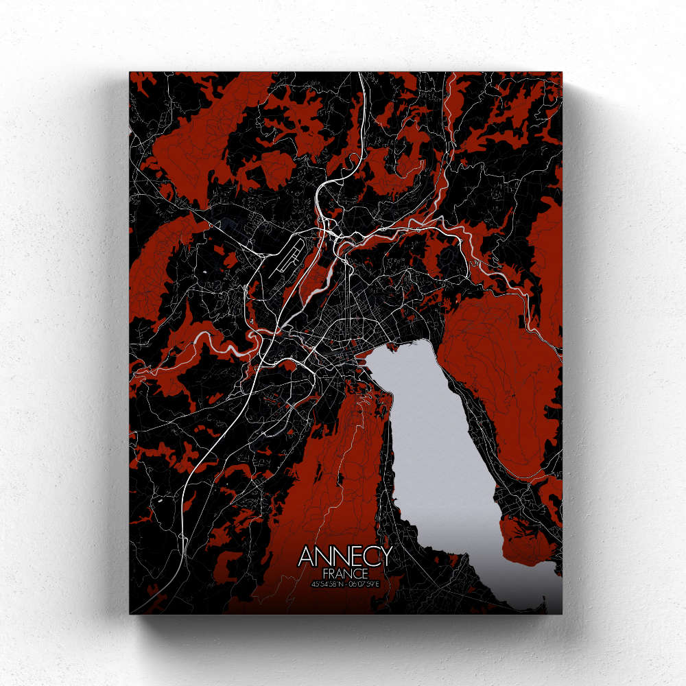 Mapospheres Annecy Red dark full page design canvas city map