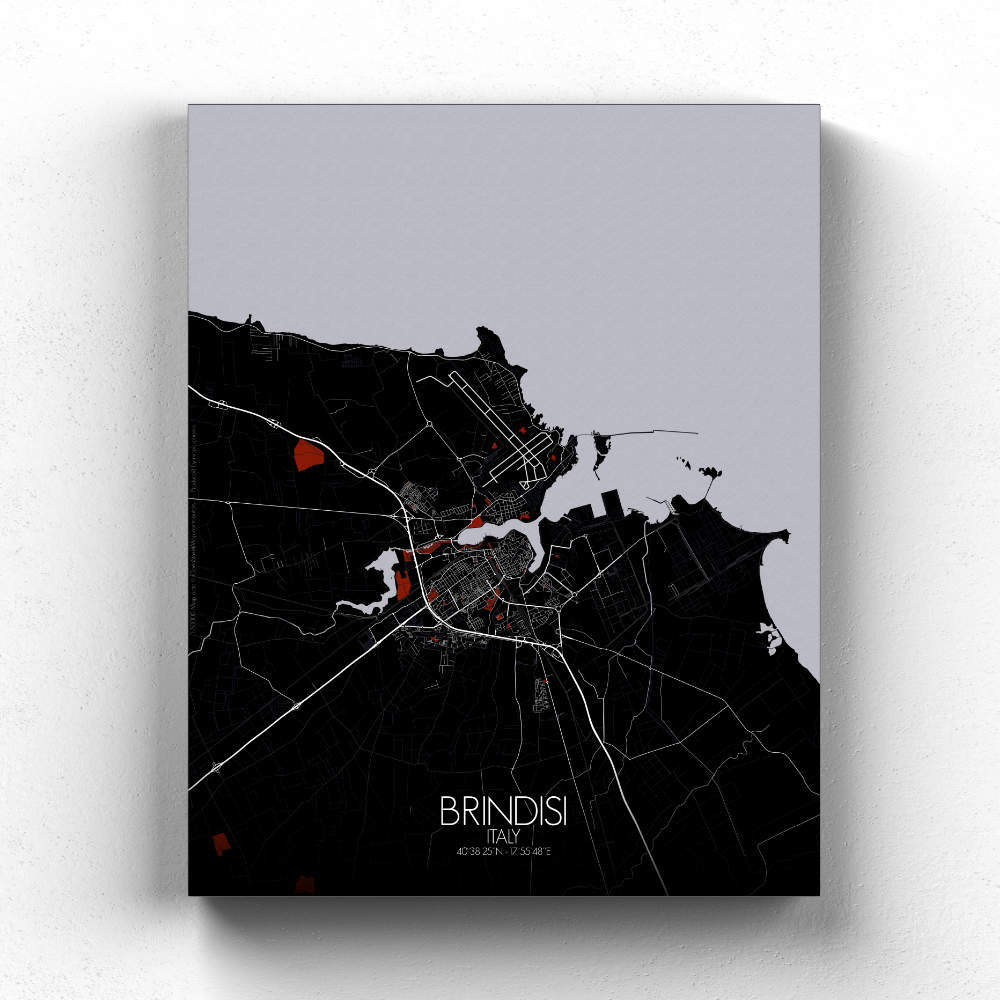 Mapospheres Brindisi Red dark full page design canvas city map