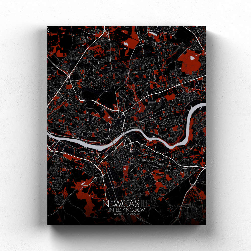 Mapospheres Newcastle Red dark full page design canvas city map