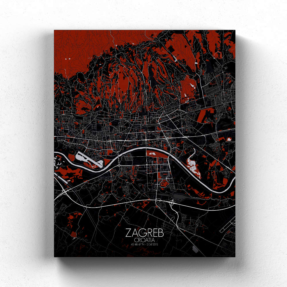 Mapospheres Zagreb Red dark full page design canvas city map