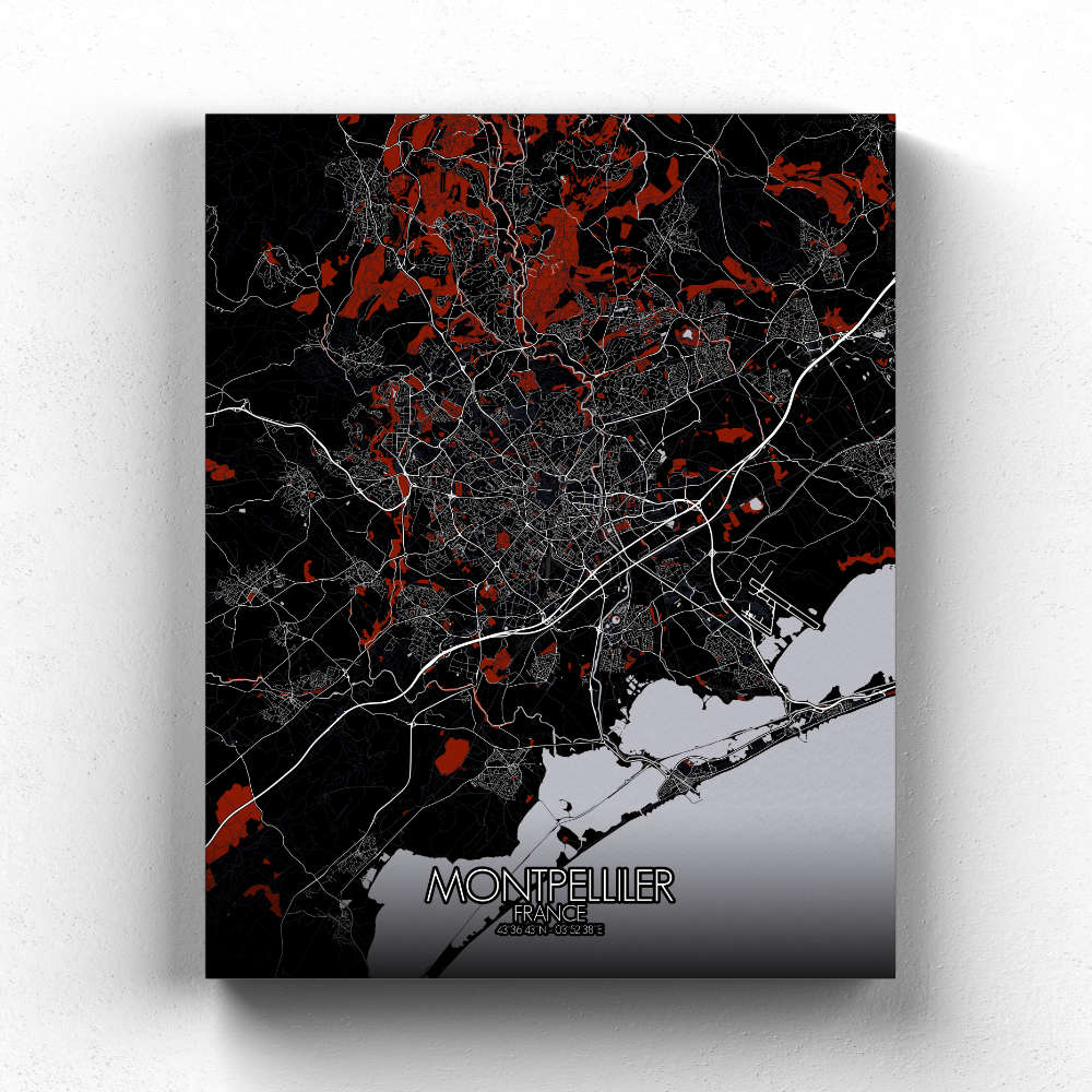 Mapospheres Montpellier Red dark full page design canvas city map