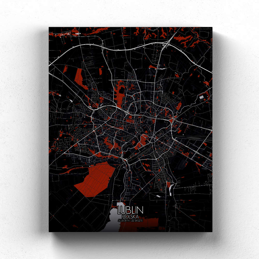 Mapospheres Lublin Red dark full page design canvas city map