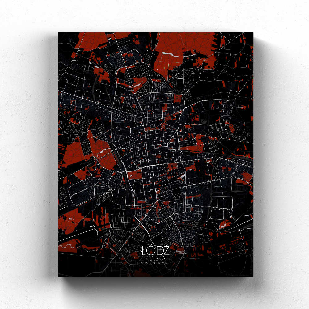 Mapospheres Lodz Red dark full page design canvas city map