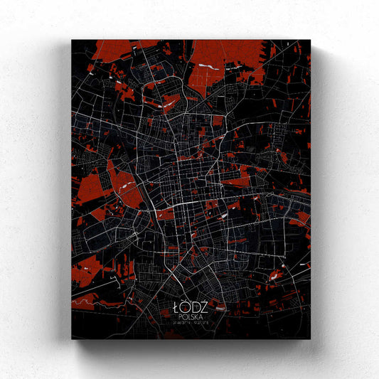 Mapospheres Lodz Red dark full page design canvas city map