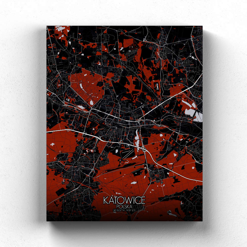 Mapospheres Katowice Red dark full page design canvas city map
