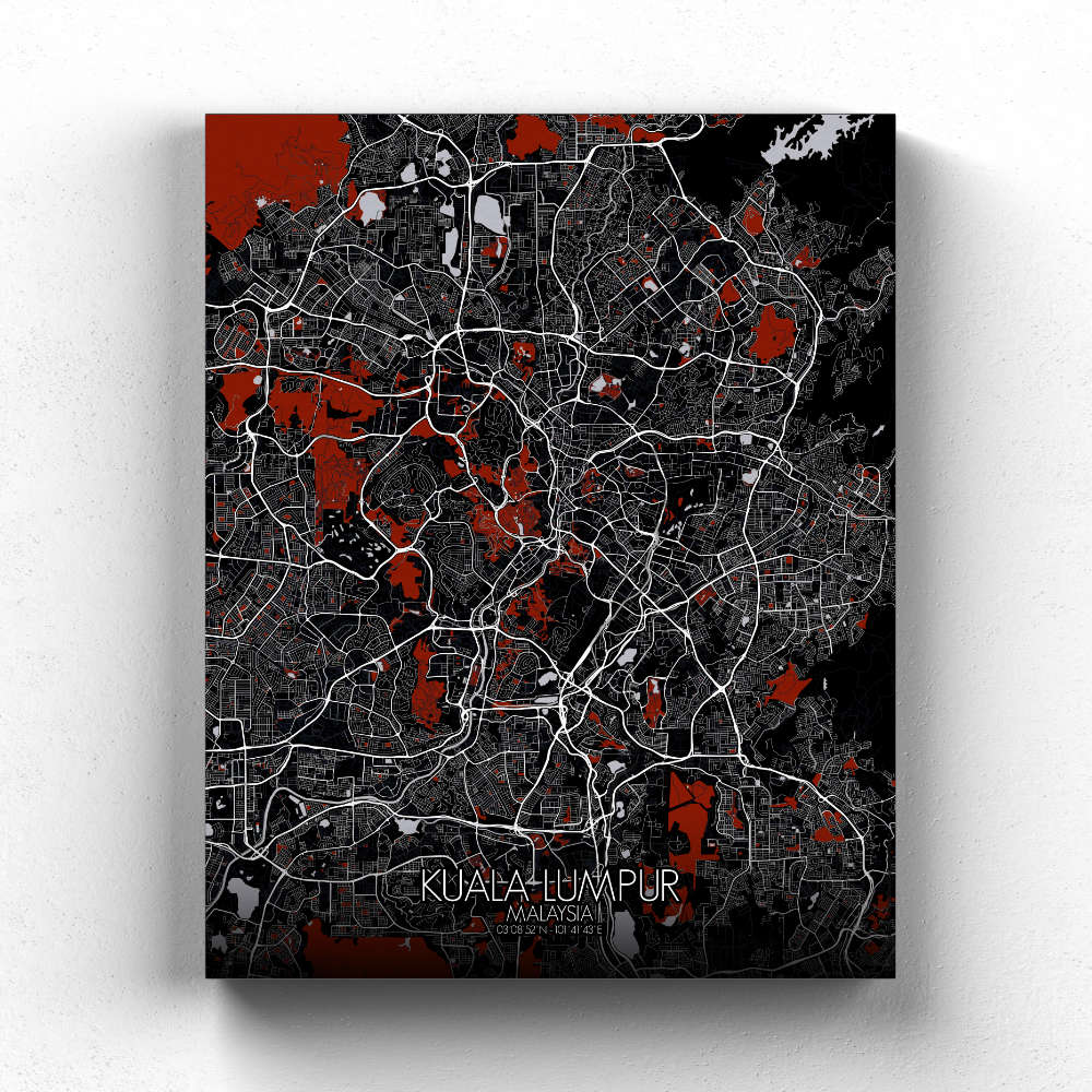 Mapospheres Kuala Lumpur KL Red dark full page design canvas city map