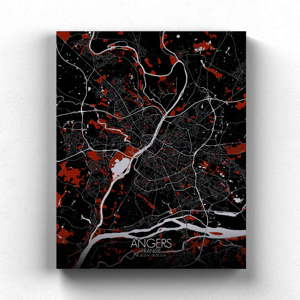 Mapospheres angers Red dark full page design canvas city map