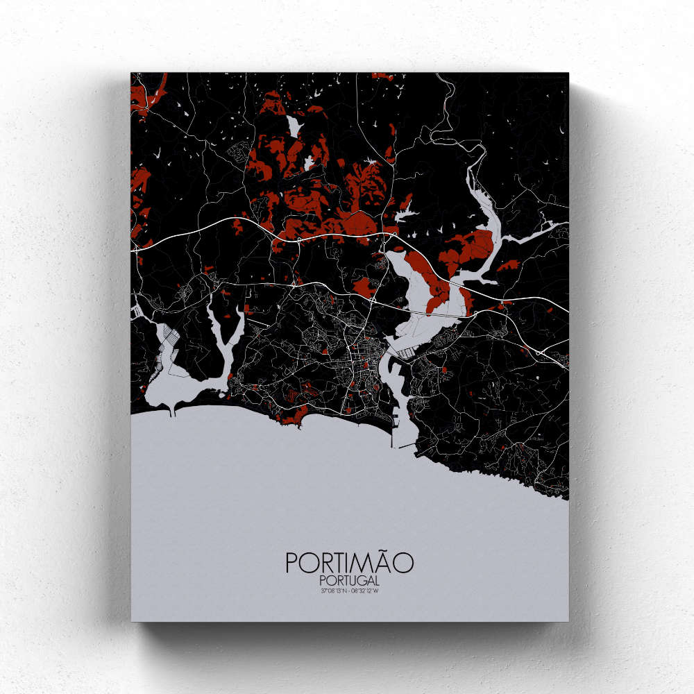 Mapospheres Portimao Red dark full page design canvas city map