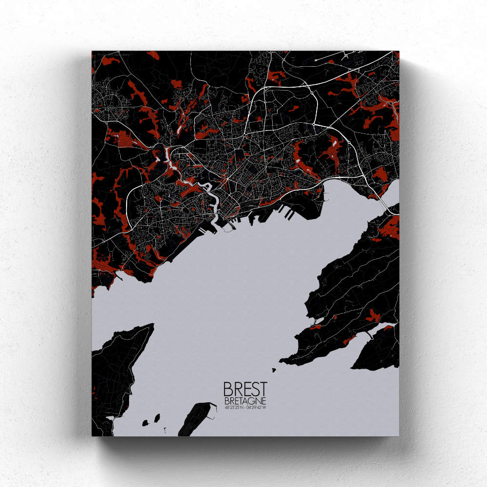 Mapospheres Brest Red dark full page design canvas city map