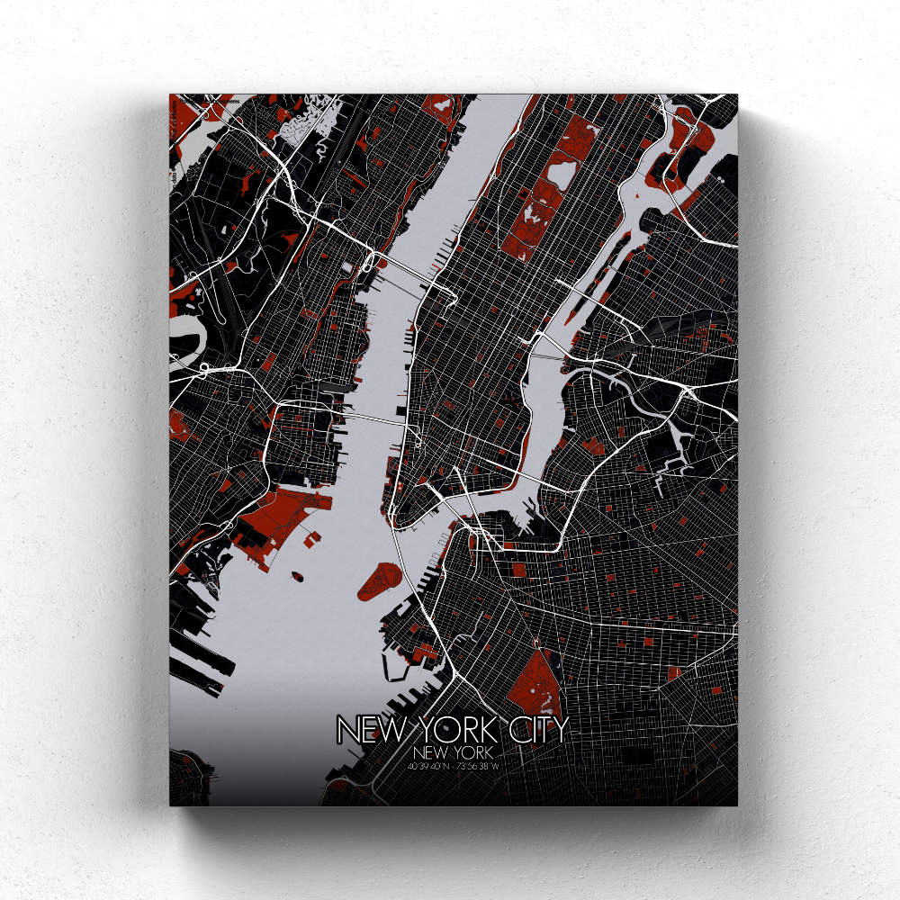 Mapospheres New York Red dark full page design canvas city map