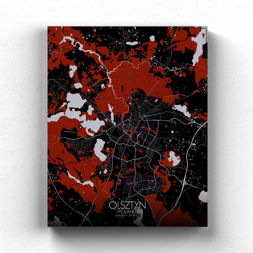 Mapospheres Olsztyn Red dark full page design canvas city map