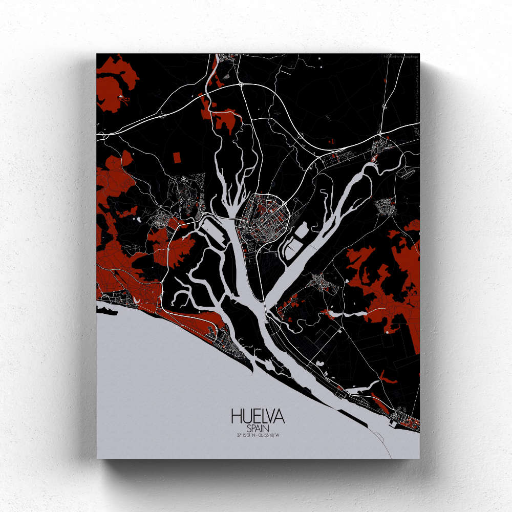 Mapospheres Huelva Red dark full page design canvas city map
