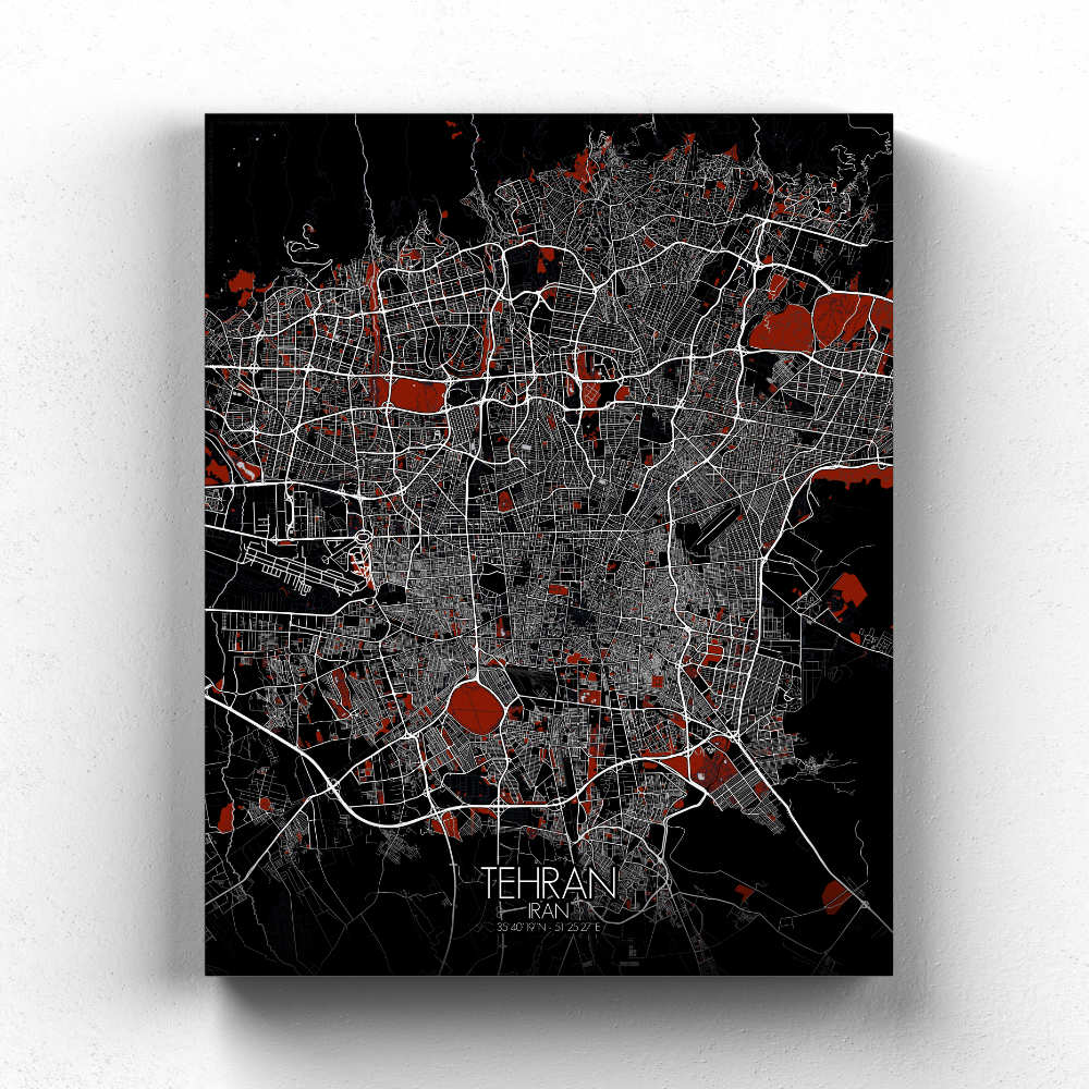 Mapospheres Tehran Red dark full page design canvas city map