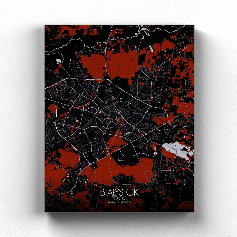 Mapospheres Bialystok Red dark full page design canvas city map