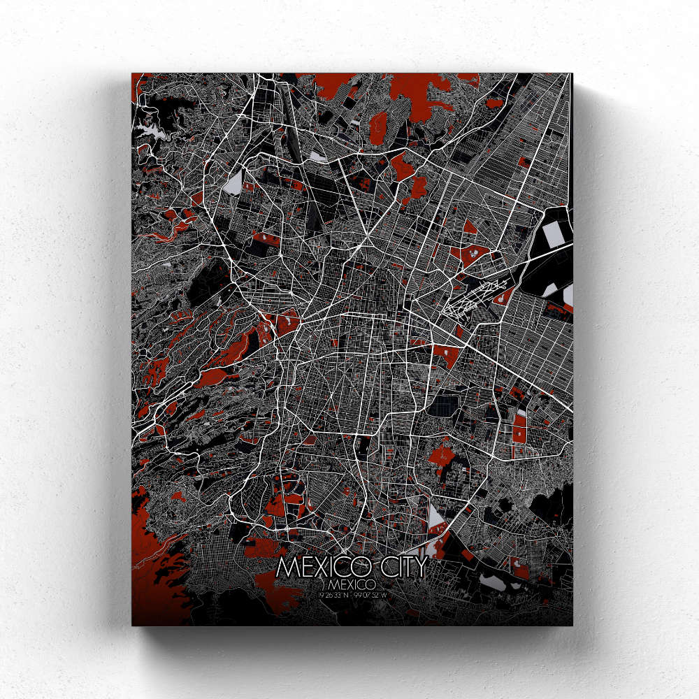 Mapospheres Mexico City Red dark full page design canvas city map