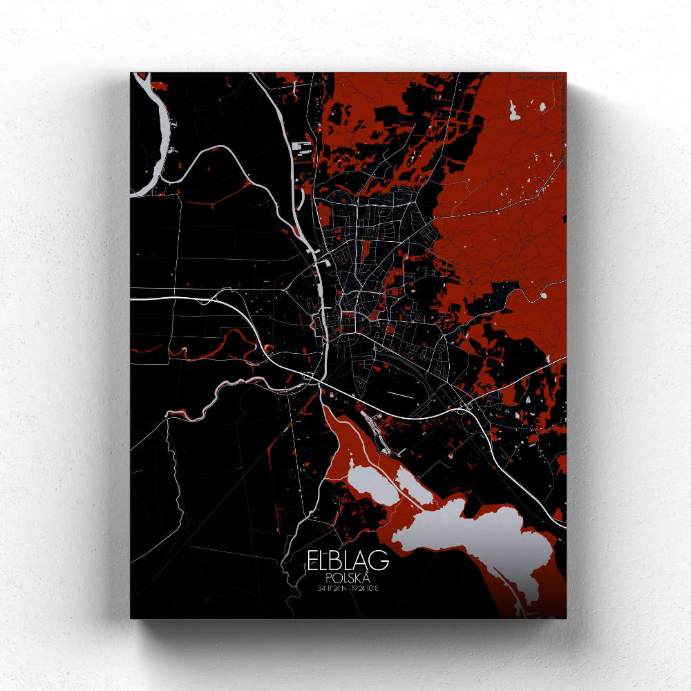 Mapospheres Elblag Red dark full page design canvas city map