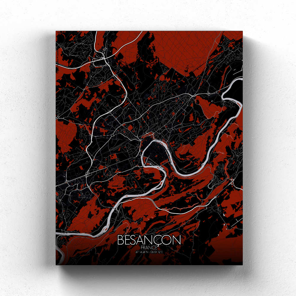 Mapospheres Besancon Red dark full page design canvas city map